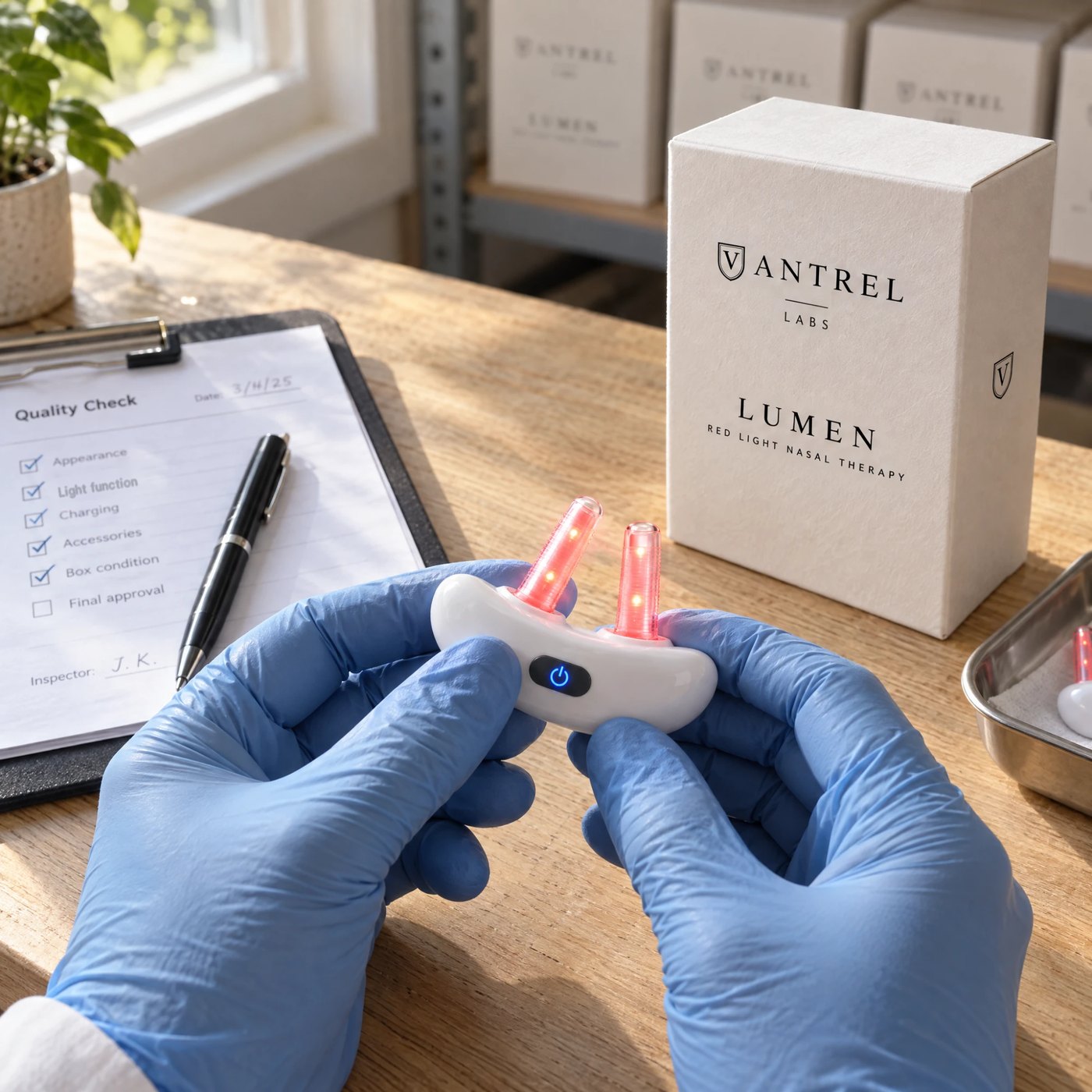 Gloved hands checking a lit Vantrel Lumen against a quality checklist, the box beside it