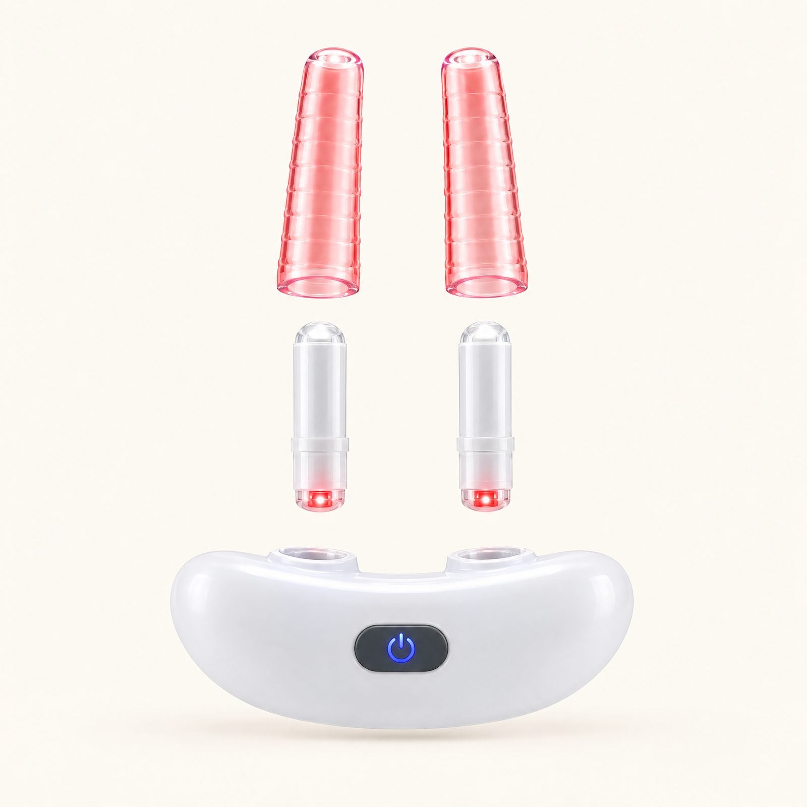Exploded view of Vantrel Lumen: the two nasal sleeves, the red light units and the body with its one button