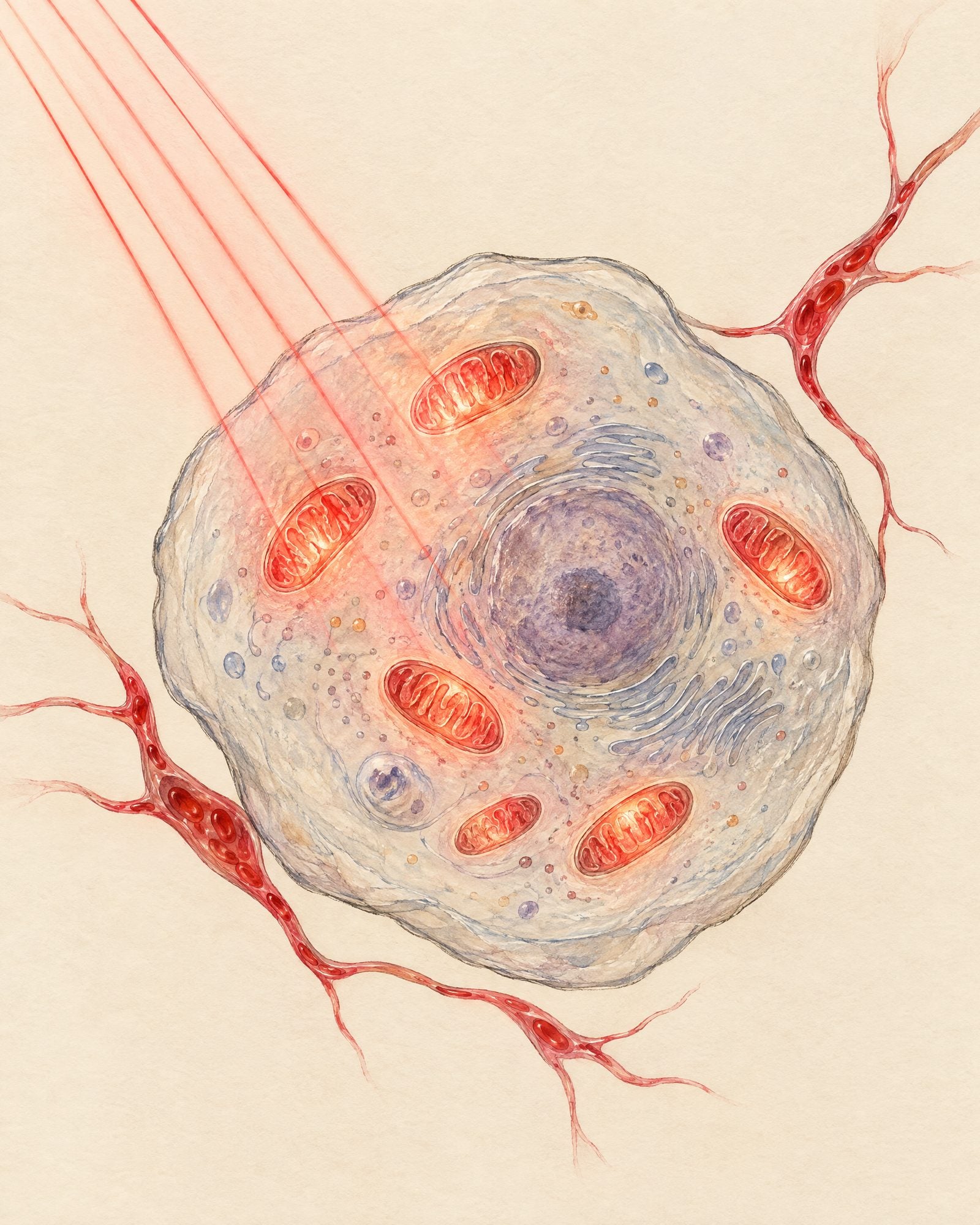 Illustration of a cell with its energy centres absorbing red light
