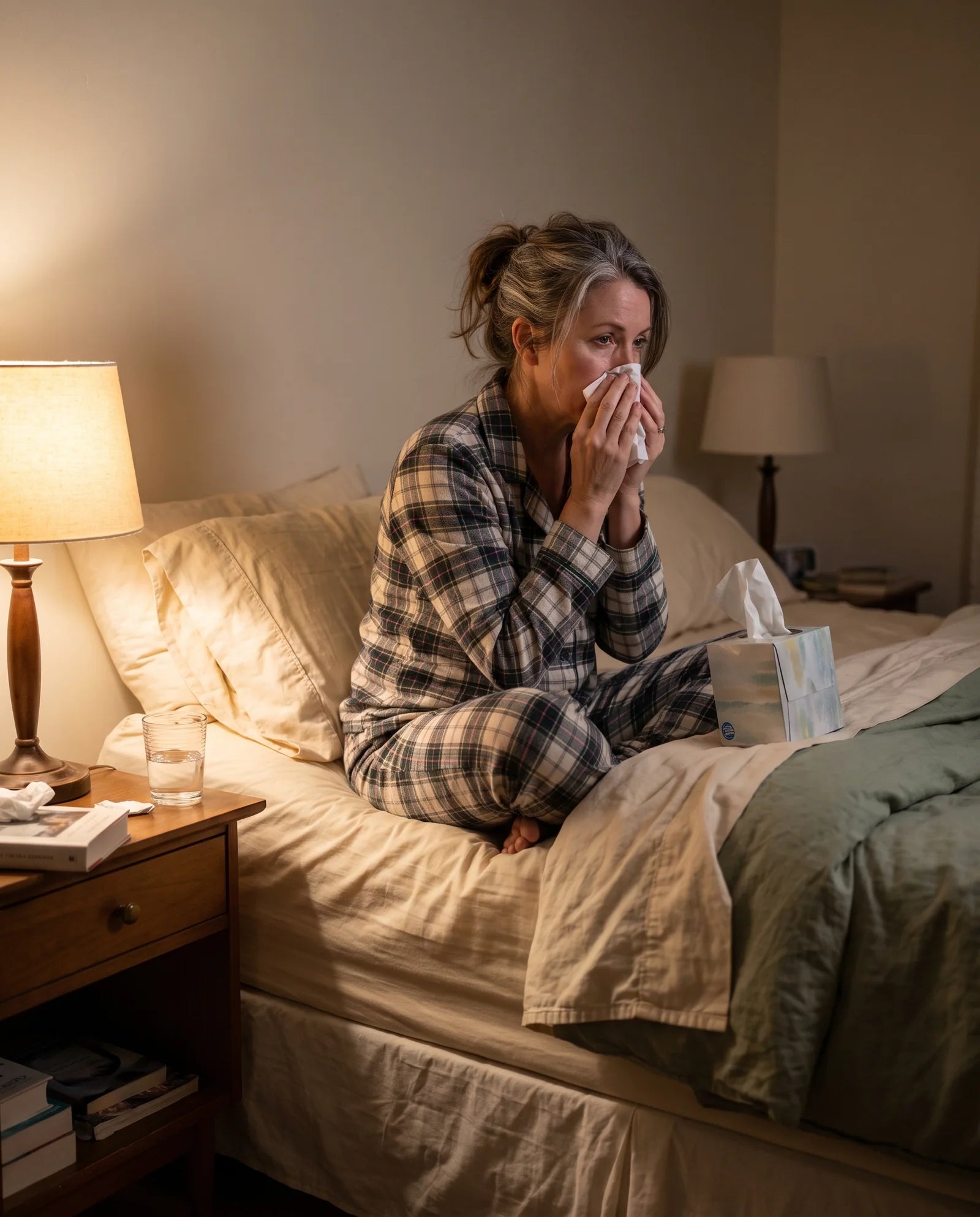 A woman sitting on the edge of her bed at night holding a tissue