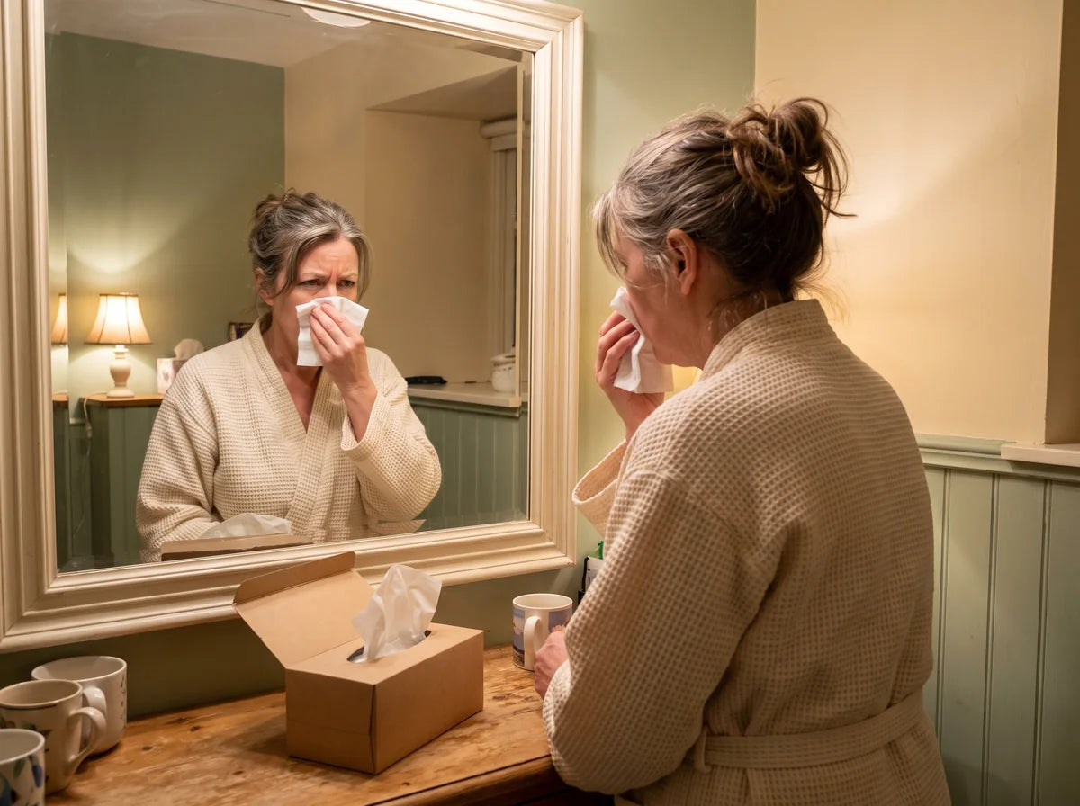 A woman at her bathroom mirror in the evening, pressing a tissue to her nose