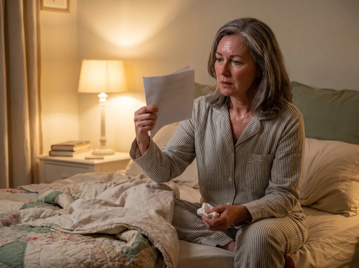 A woman in bed at night with the duvet pushed off, fanning herself, a tissue in her other hand