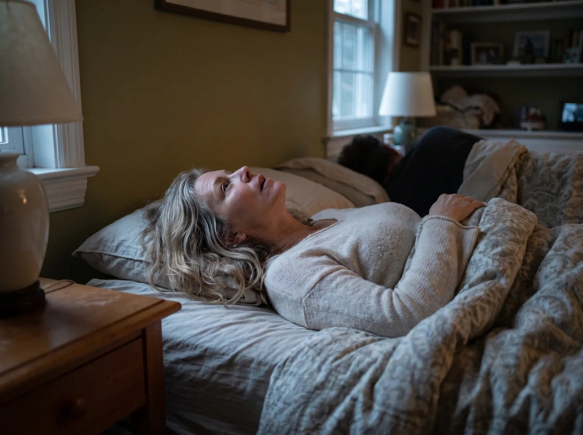 A woman lying awake in a dark bedroom in the middle of the night