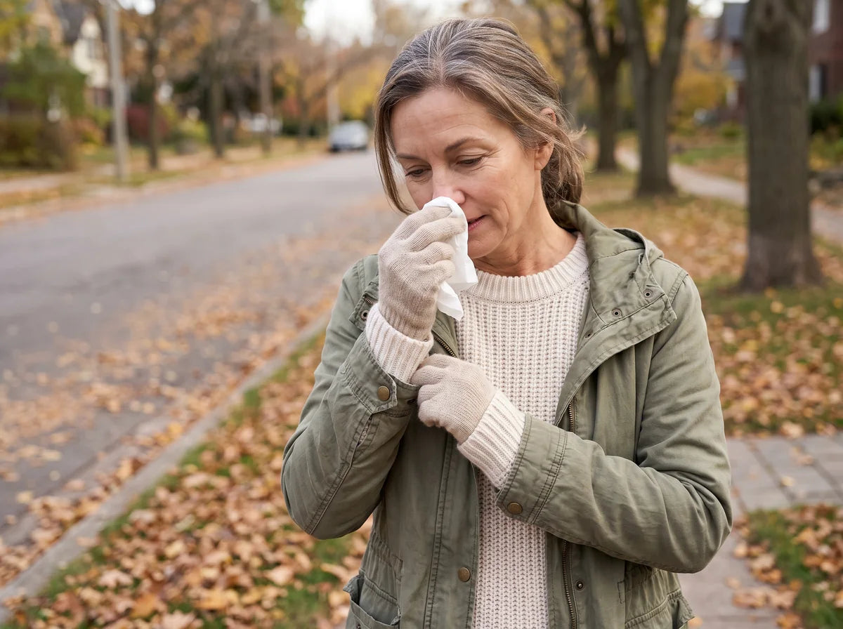 A woman on a cool autumn walk dabbing her nose with a tissue