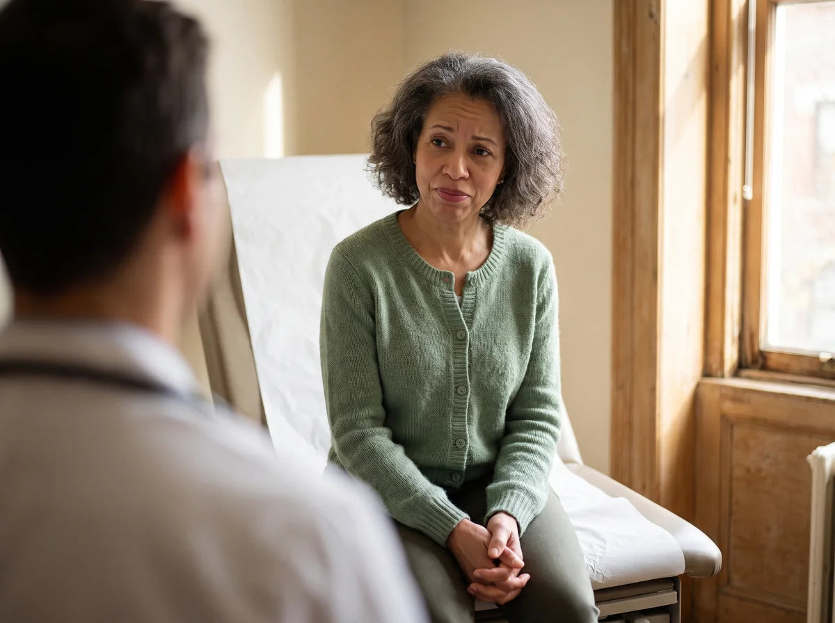 A woman sitting on an examination table listening to a doctor