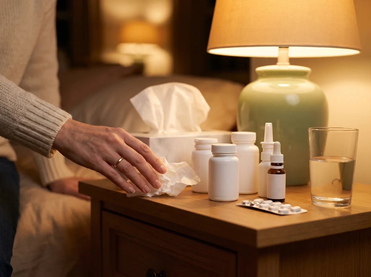 A crowded nightstand covered in unlabelled pill bottles, sprays, eye drops and tissues