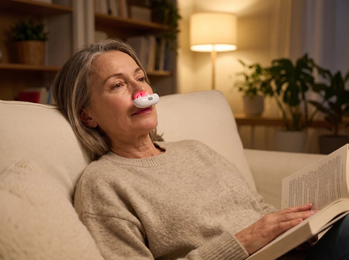 A woman on the sofa in the evening using the small Vantrel Lumen device under her nose